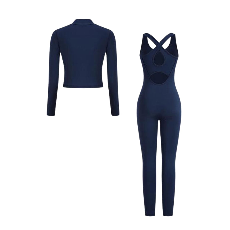 Zip up Crop Top & Cut Out Overalls Jumpsuit Two-Piece Set